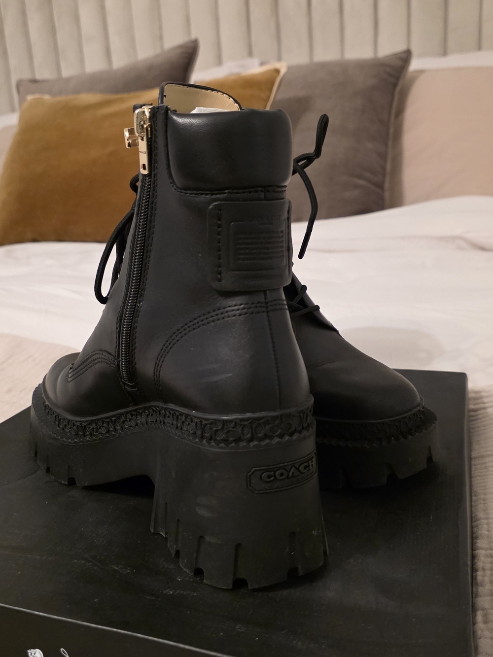 COACH Black Leather Lug-Sole Ankle Boots